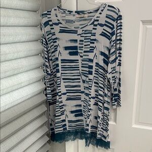 LOGO by Lori Goldstein Blue and White Striped Tunic with Lace Trim XL